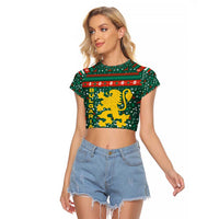 Bulgaria Christmas Raglan Cropped T Shirt with Green-Red Theme, Golden Lion, and Santa Sleigh Motif - Wonder Print Shop