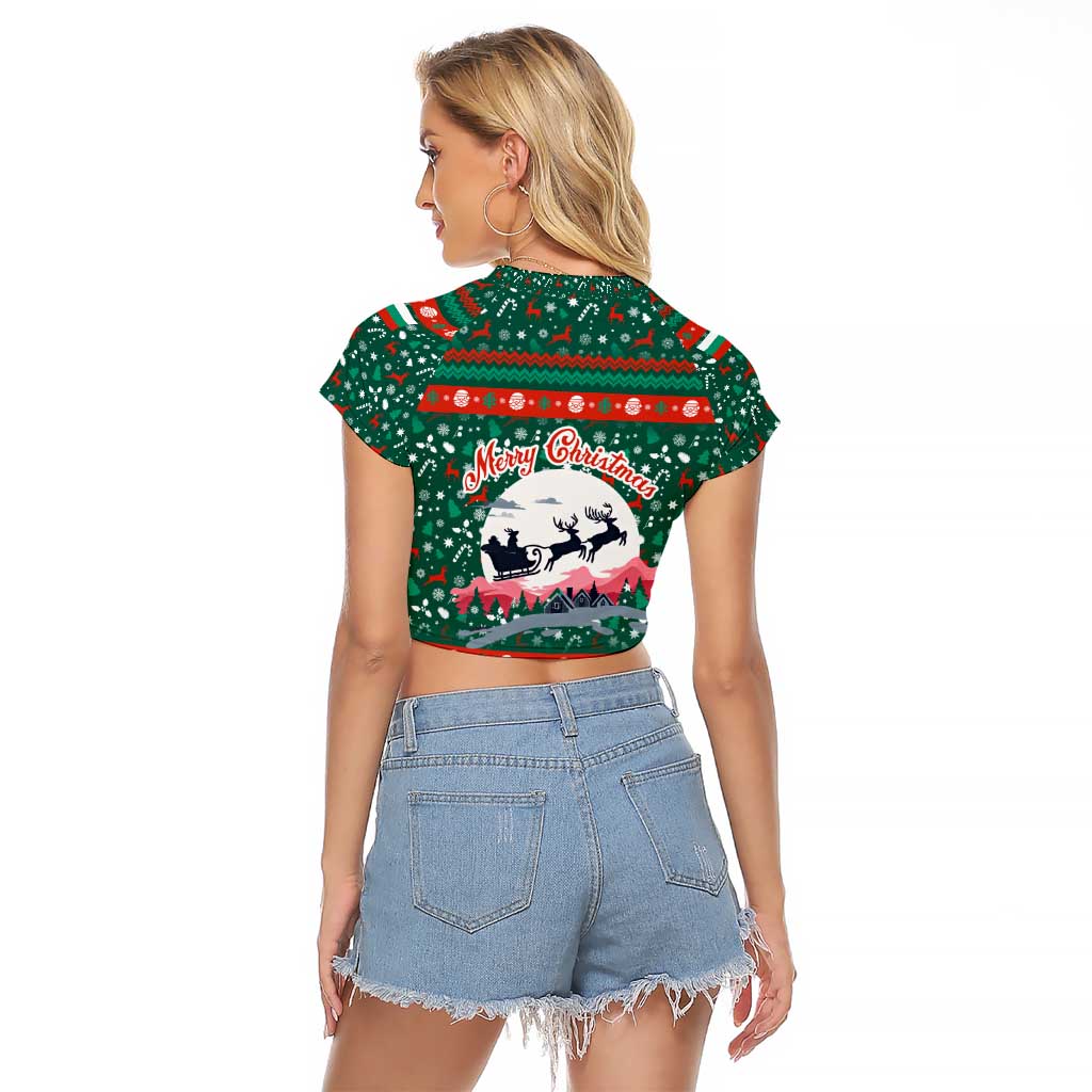 Bulgaria Christmas Raglan Cropped T Shirt with Green-Red Theme, Golden Lion, and Santa Sleigh Motif - Wonder Print Shop