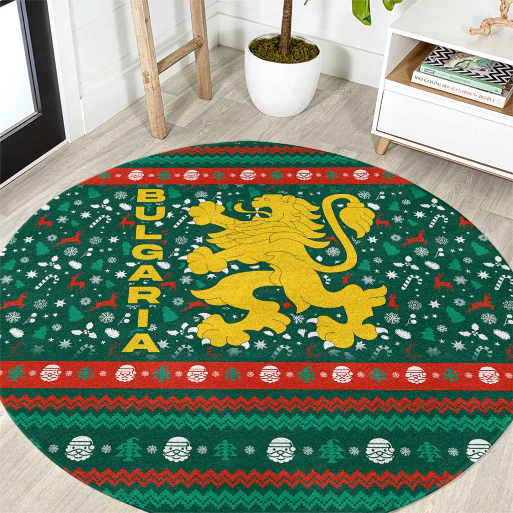 Bulgaria Christmas Round Carpet with Green-Red Theme, Golden Lion, and Santa Sleigh Motif - Wonder Print Shop