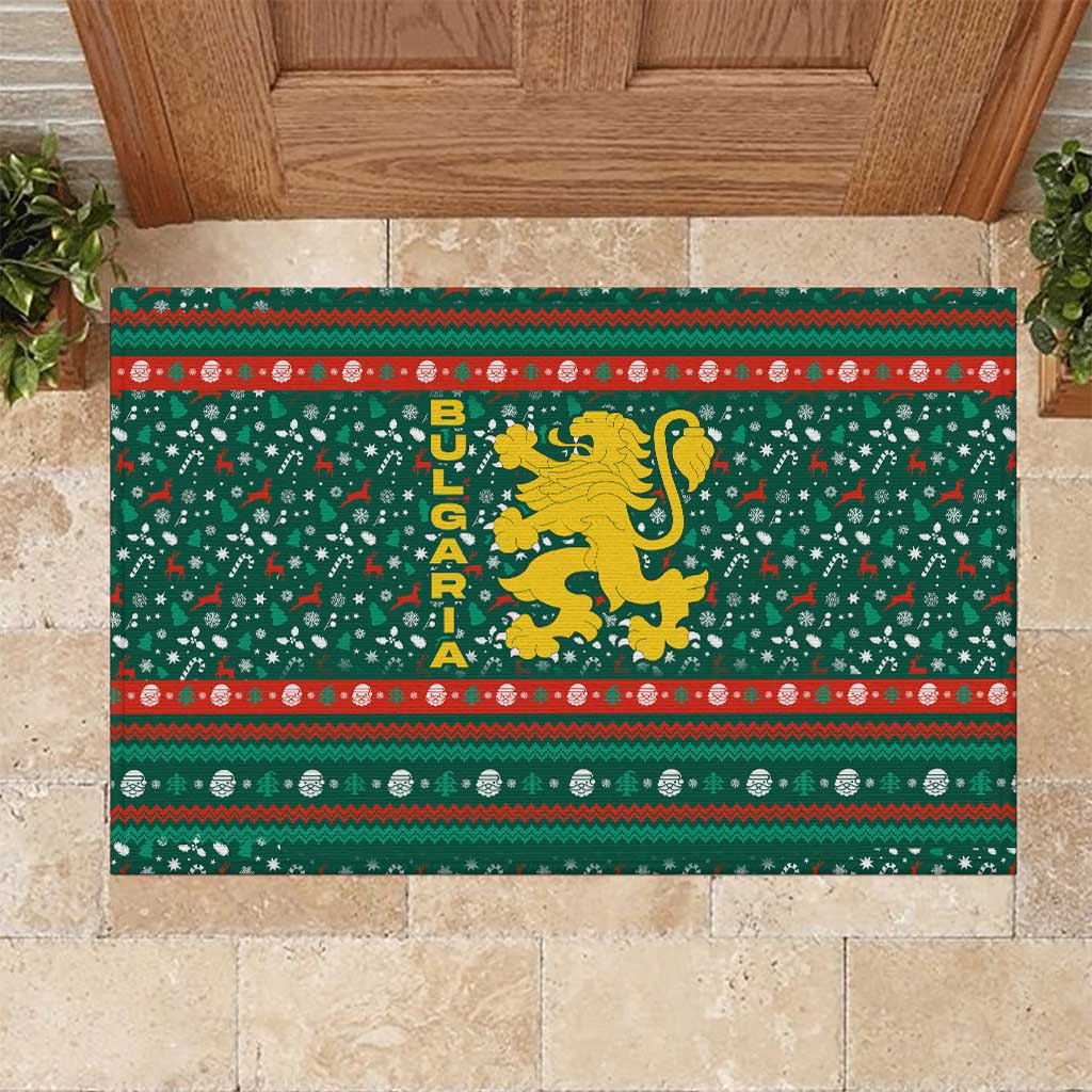 Bulgaria Christmas Rubber Doormat with Green-Red Theme, Golden Lion, and Santa Sleigh Motif - Wonder Print Shop
