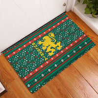 Bulgaria Christmas Rubber Doormat with Green-Red Theme, Golden Lion, and Santa Sleigh Motif - Wonder Print Shop