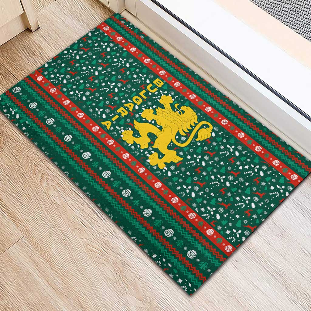 Bulgaria Christmas Rubber Doormat with Green-Red Theme, Golden Lion, and Santa Sleigh Motif - Wonder Print Shop
