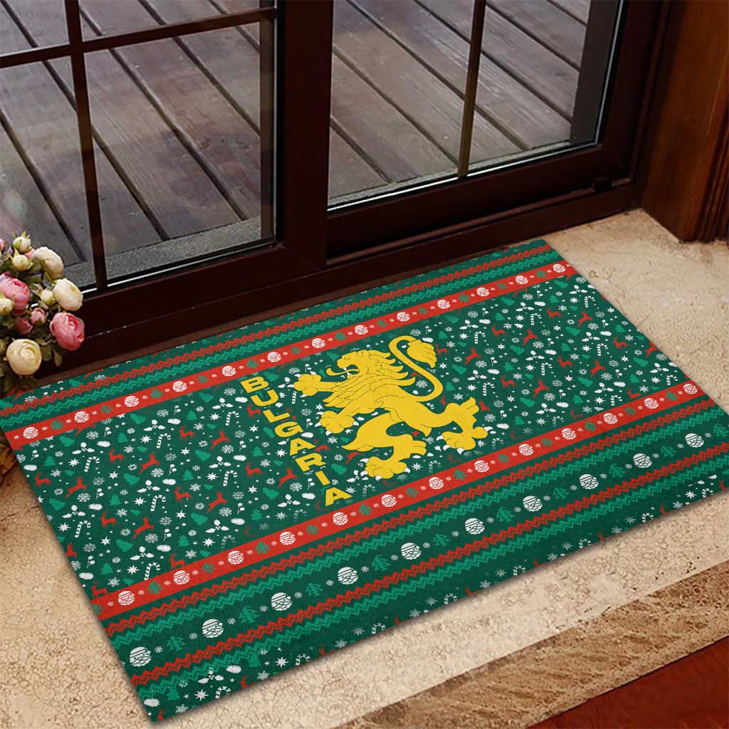 Bulgaria Christmas Rubber Doormat with Green-Red Theme, Golden Lion, and Santa Sleigh Motif - Wonder Print Shop
