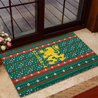Bulgaria Christmas Rubber Doormat with Green-Red Theme, Golden Lion, and Santa Sleigh Motif - Wonder Print Shop