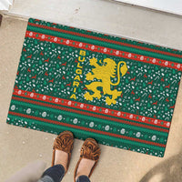 Bulgaria Christmas Rubber Doormat with Green-Red Theme, Golden Lion, and Santa Sleigh Motif - Wonder Print Shop