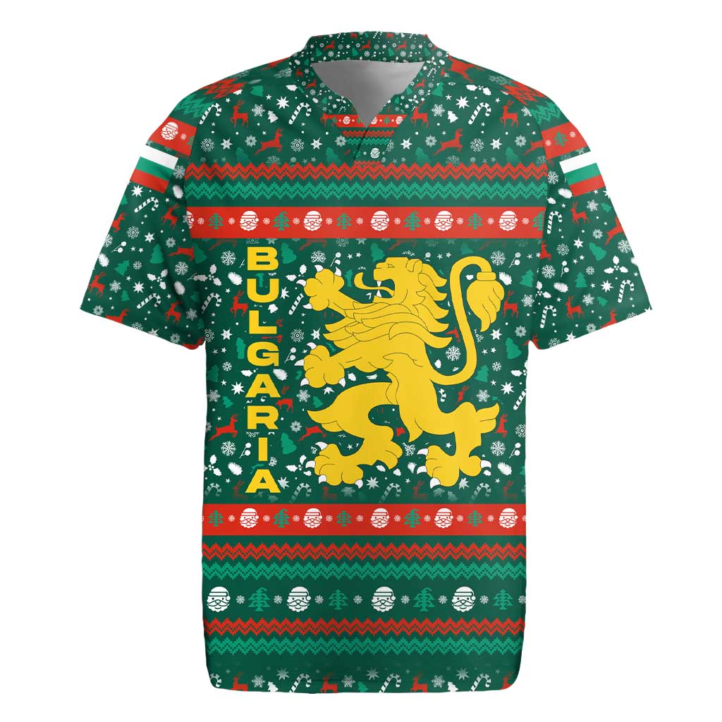 Bulgaria Christmas Rugby Jersey with Green-Red Theme, Golden Lion, and Santa Sleigh Motif - Wonder Print Shop