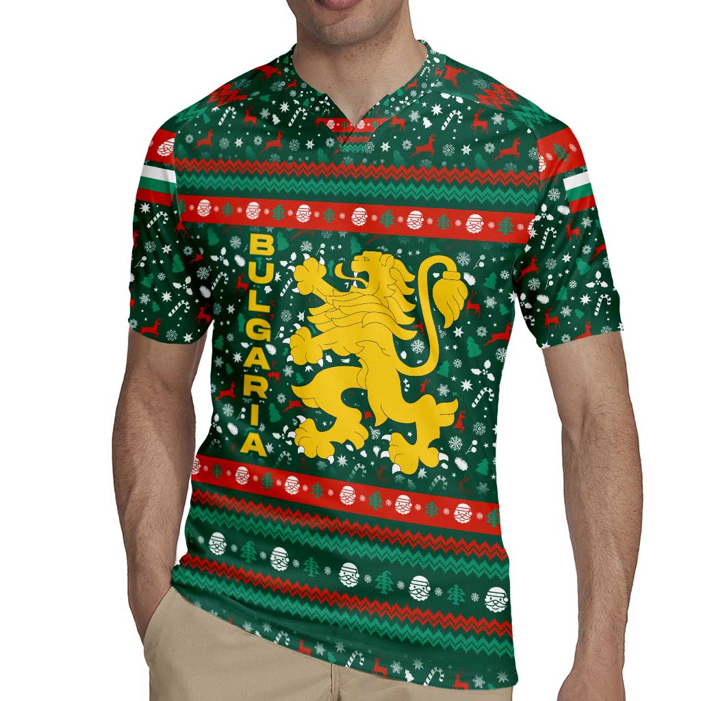 Bulgaria Christmas Rugby Jersey with Green-Red Theme, Golden Lion, and Santa Sleigh Motif - Wonder Print Shop