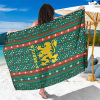 Bulgaria Christmas Sarong with Green-Red Theme, Golden Lion, and Santa Sleigh Motif - Wonder Print Shop