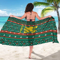 Bulgaria Christmas Sarong with Green-Red Theme, Golden Lion, and Santa Sleigh Motif - Wonder Print Shop