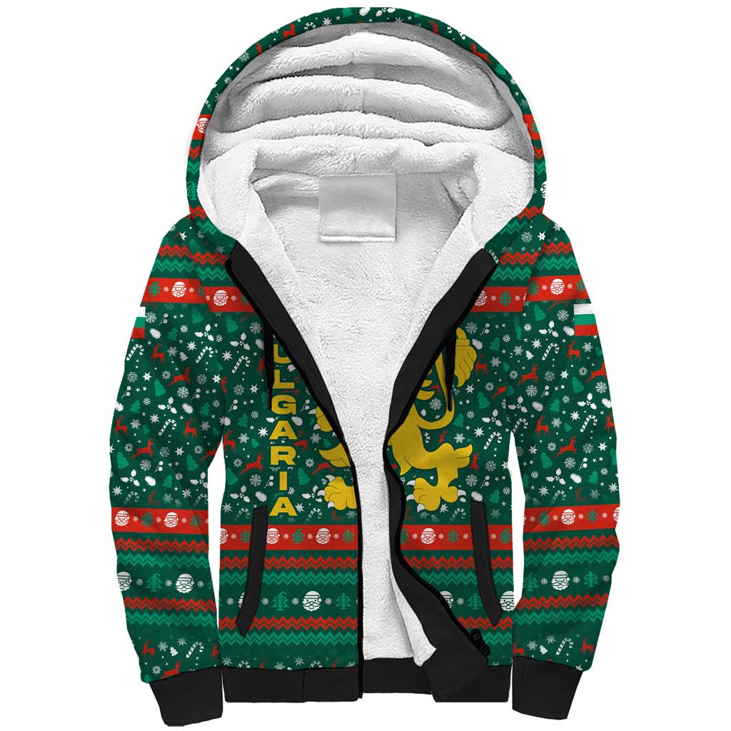 Bulgaria Christmas Sherpa Hoodie with Green-Red Theme, Golden Lion, and Santa Sleigh Motif - Wonder Print Shop