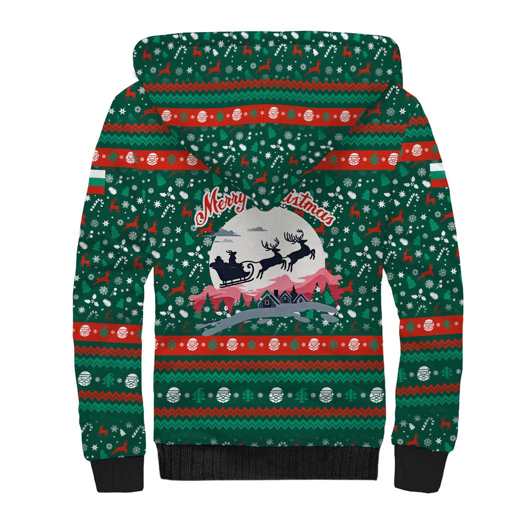 Bulgaria Christmas Sherpa Hoodie with Green-Red Theme, Golden Lion, and Santa Sleigh Motif - Wonder Print Shop