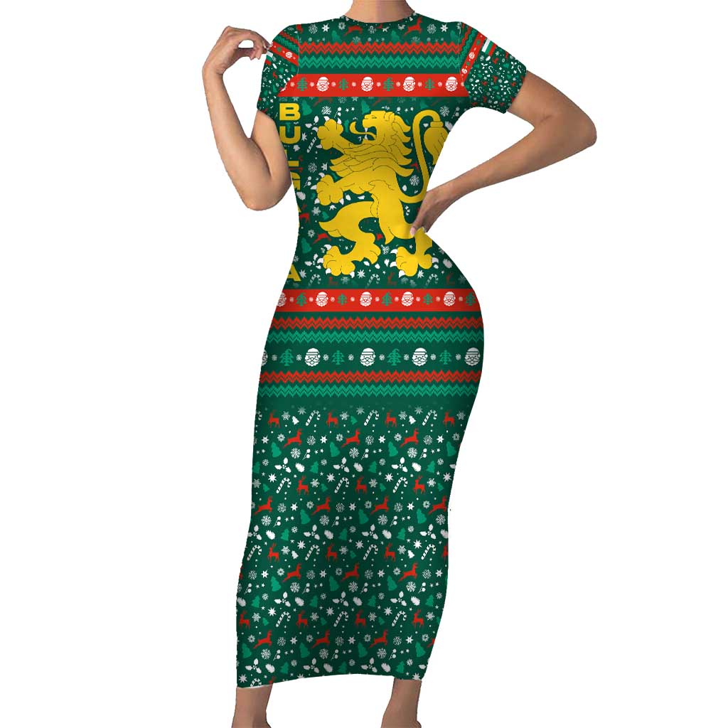 Bulgaria Christmas Short Sleeve Bodycon Dress with Green-Red Theme, Golden Lion, and Santa Sleigh Motif - Wonder Print Shop