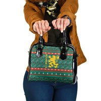 Bulgaria Christmas Shoulder Handbag with Green-Red Theme, Golden Lion, and Santa Sleigh Motif - Wonder Print Shop