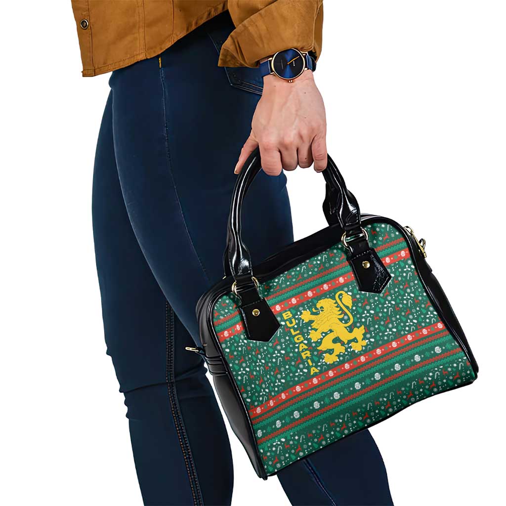 Bulgaria Christmas Shoulder Handbag with Green-Red Theme, Golden Lion, and Santa Sleigh Motif - Wonder Print Shop