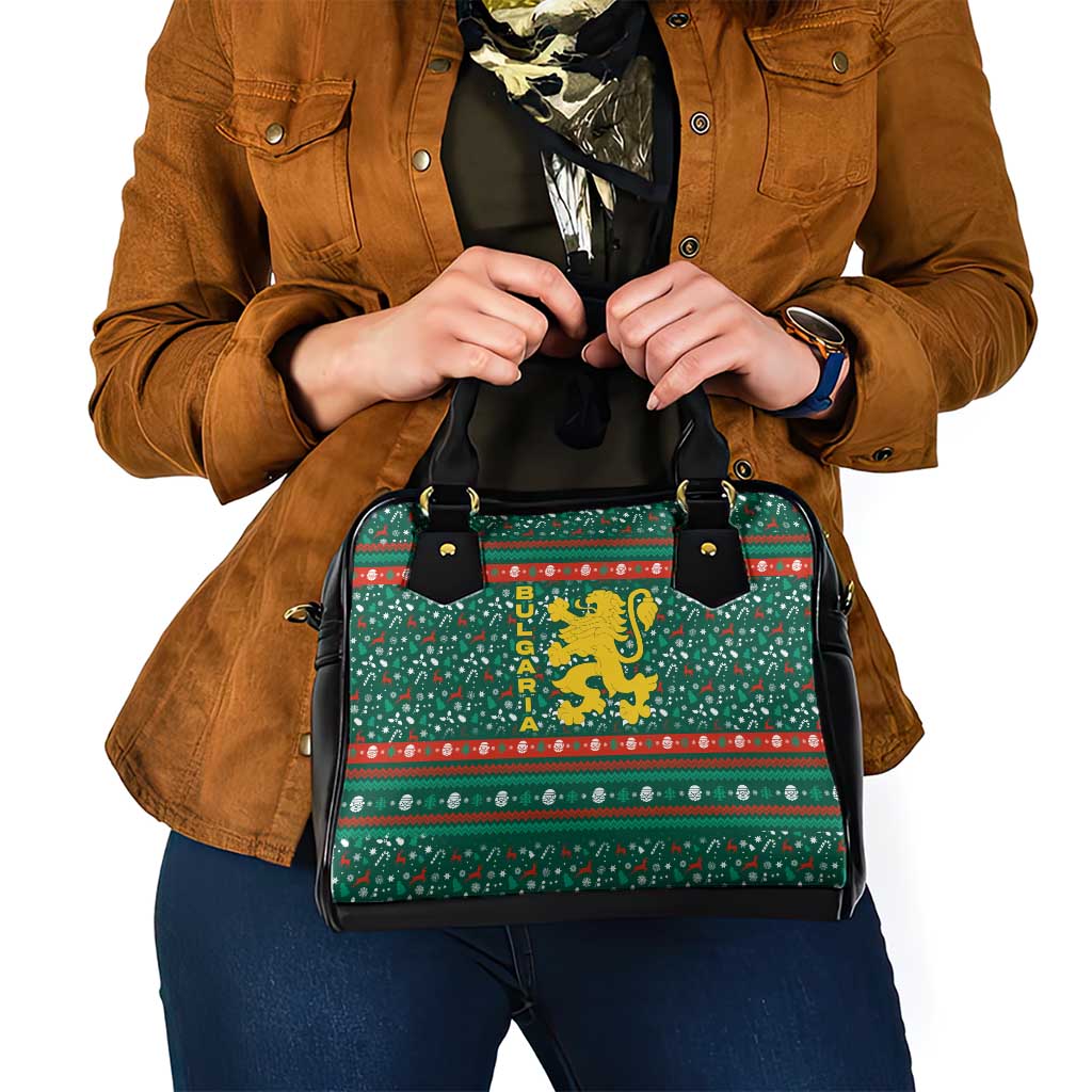 Bulgaria Christmas Shoulder Handbag with Green-Red Theme, Golden Lion, and Santa Sleigh Motif - Wonder Print Shop