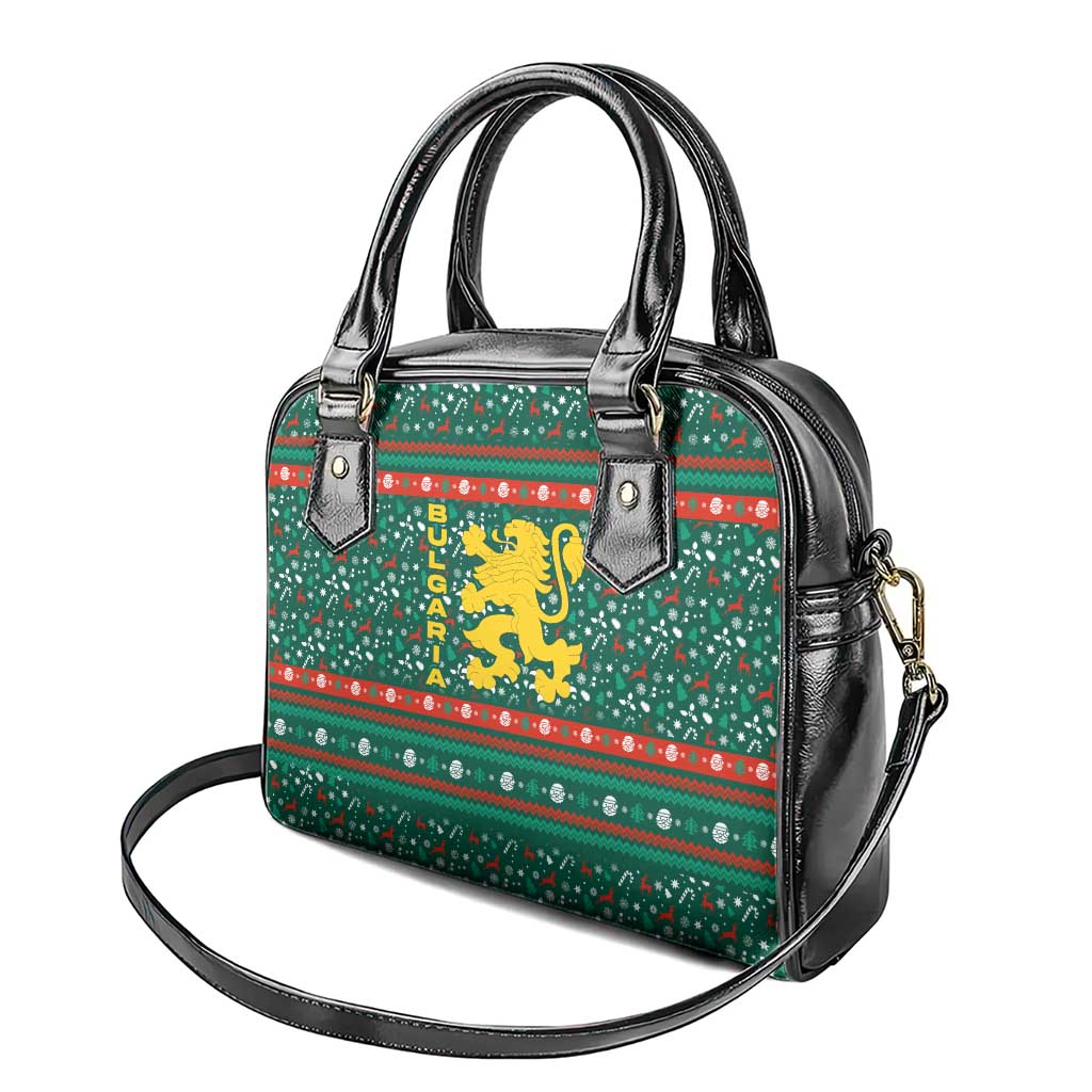 Bulgaria Christmas Shoulder Handbag with Green-Red Theme, Golden Lion, and Santa Sleigh Motif - Wonder Print Shop
