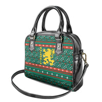 Bulgaria Christmas Shoulder Handbag with Green-Red Theme, Golden Lion, and Santa Sleigh Motif - Wonder Print Shop