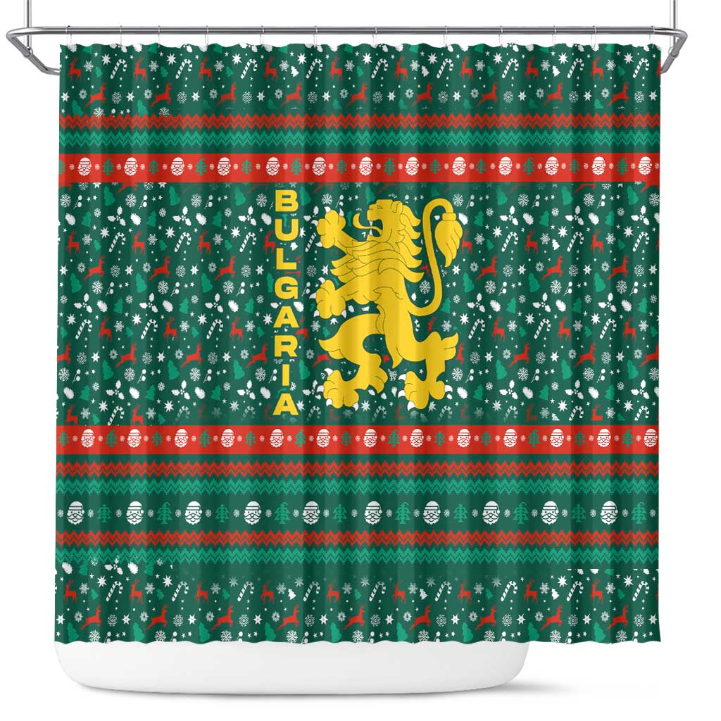 Bulgaria Christmas Shower Curtain with Green-Red Theme, Golden Lion, and Santa Sleigh Motif - Wonder Print Shop