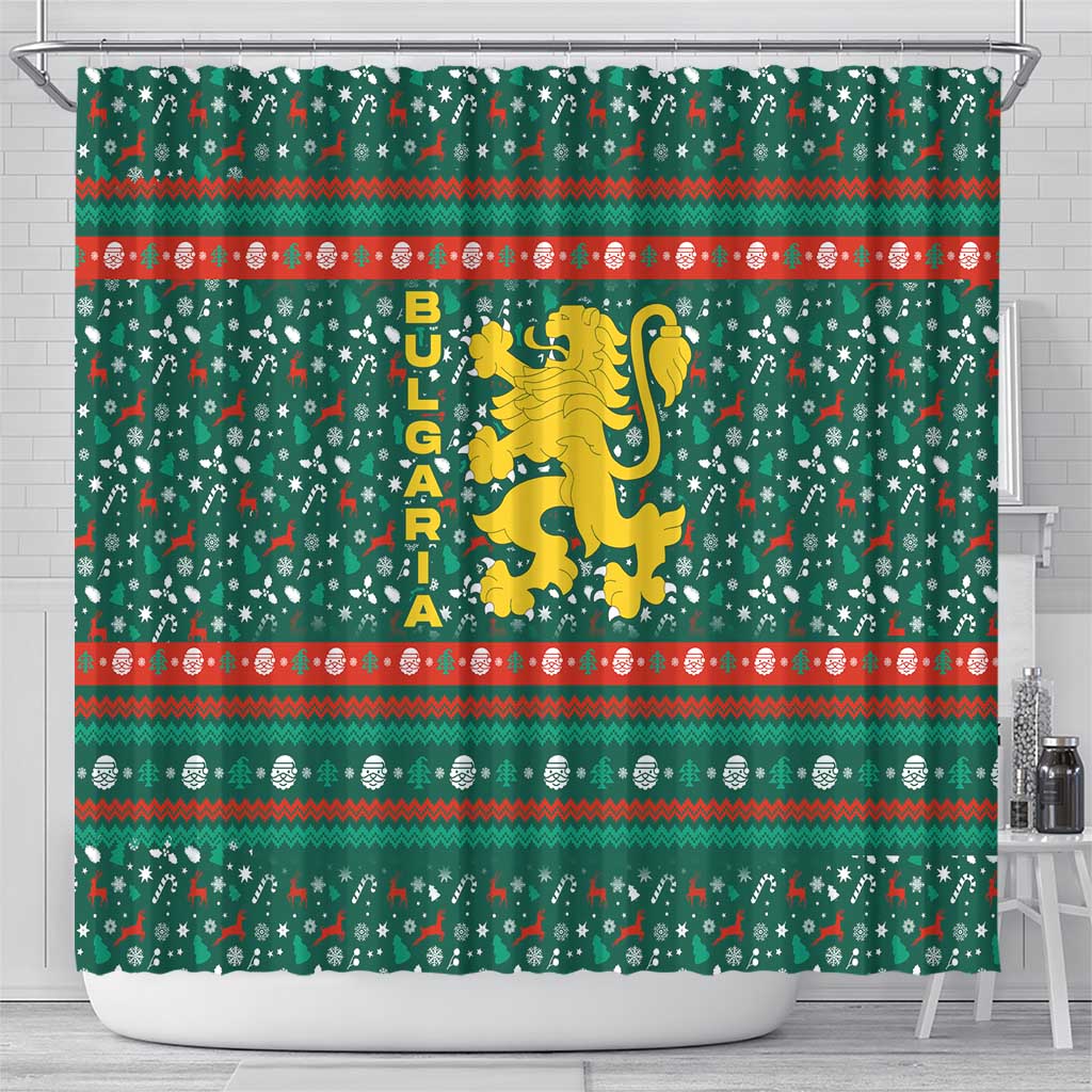 Bulgaria Christmas Shower Curtain with Green-Red Theme, Golden Lion, and Santa Sleigh Motif - Wonder Print Shop