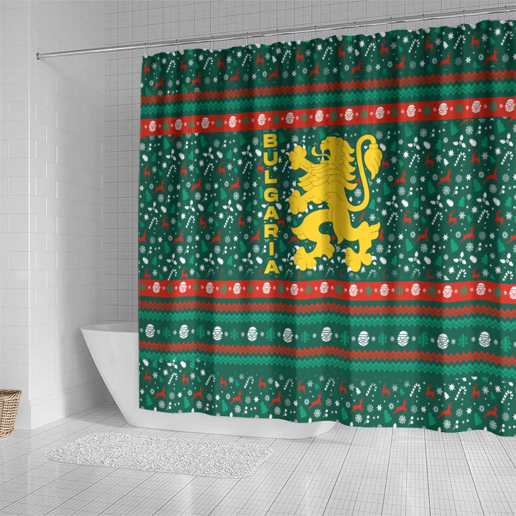 Bulgaria Christmas Shower Curtain with Green-Red Theme, Golden Lion, and Santa Sleigh Motif - Wonder Print Shop