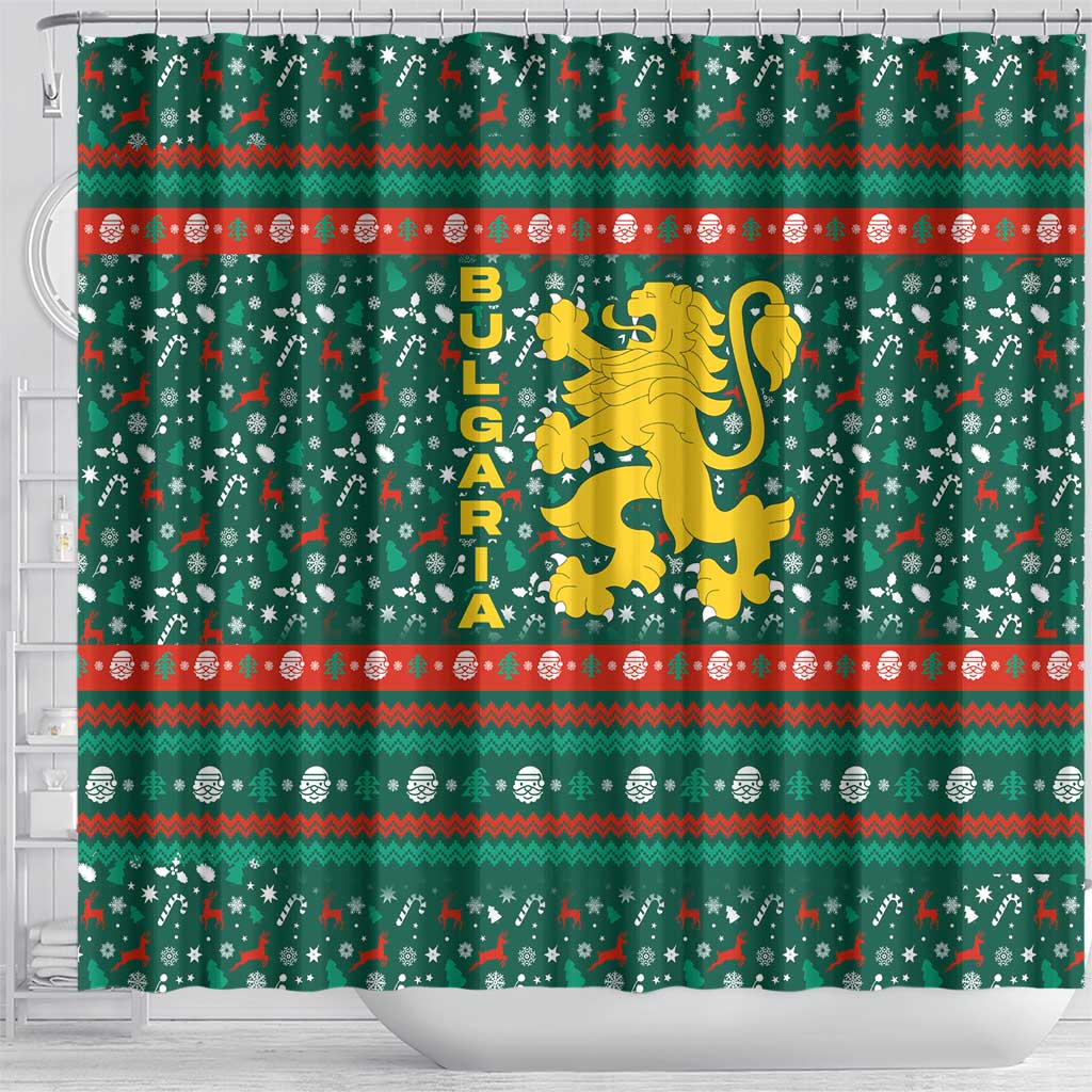 Bulgaria Christmas Shower Curtain with Green-Red Theme, Golden Lion, and Santa Sleigh Motif - Wonder Print Shop