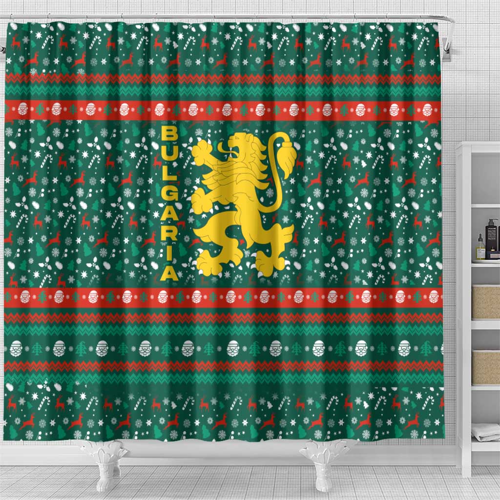 Bulgaria Christmas Shower Curtain with Green-Red Theme, Golden Lion, and Santa Sleigh Motif - Wonder Print Shop