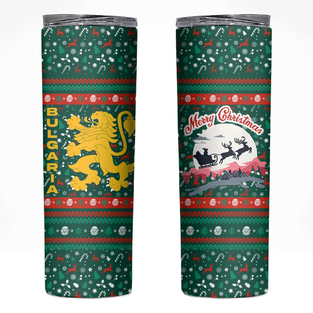 Bulgaria Christmas Skinny Tumbler with Green-Red Theme, Golden Lion, and Santa Sleigh Motif - Wonder Print Shop