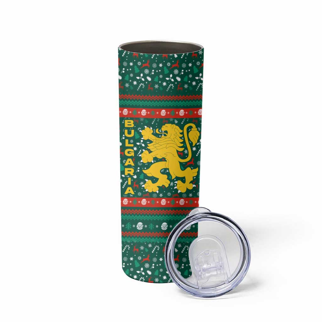 Bulgaria Christmas Skinny Tumbler with Green-Red Theme, Golden Lion, and Santa Sleigh Motif - Wonder Print Shop