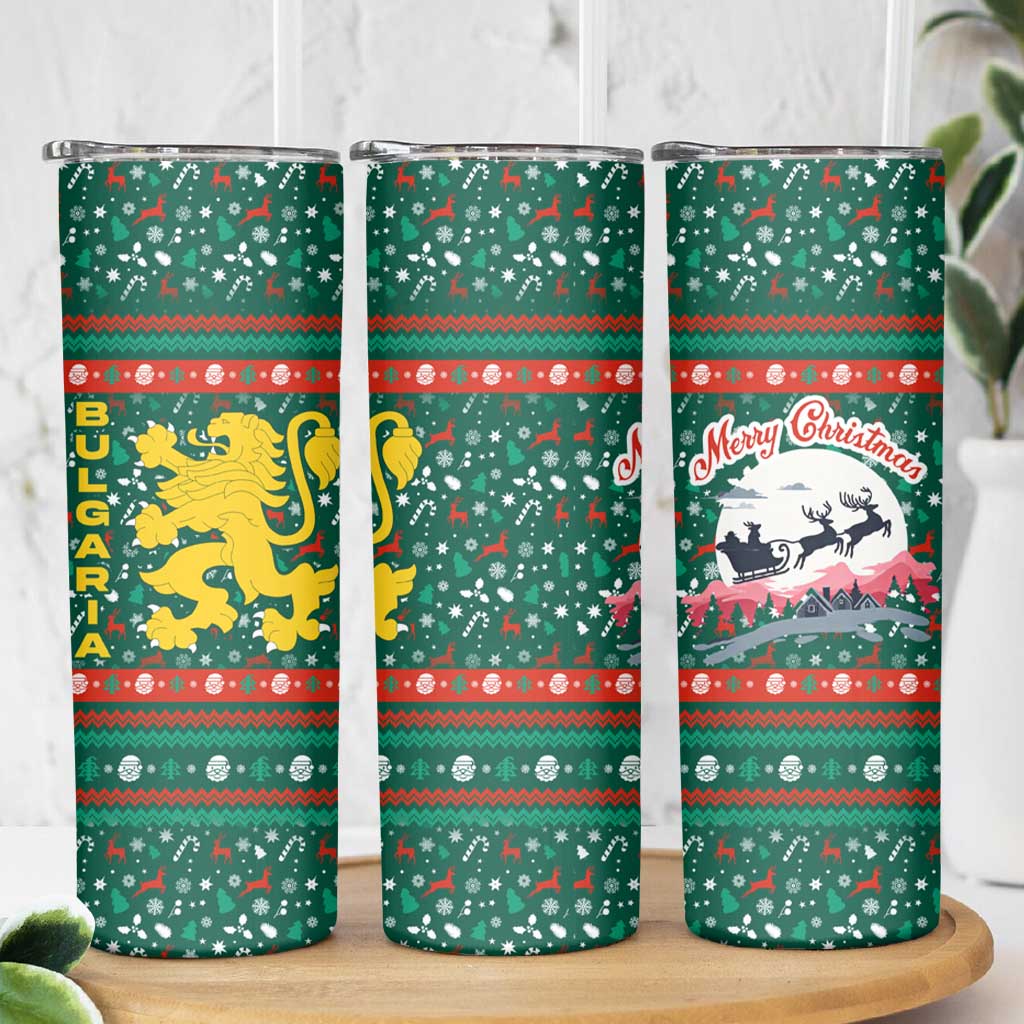 Bulgaria Christmas Skinny Tumbler with Green-Red Theme, Golden Lion, and Santa Sleigh Motif - Wonder Print Shop