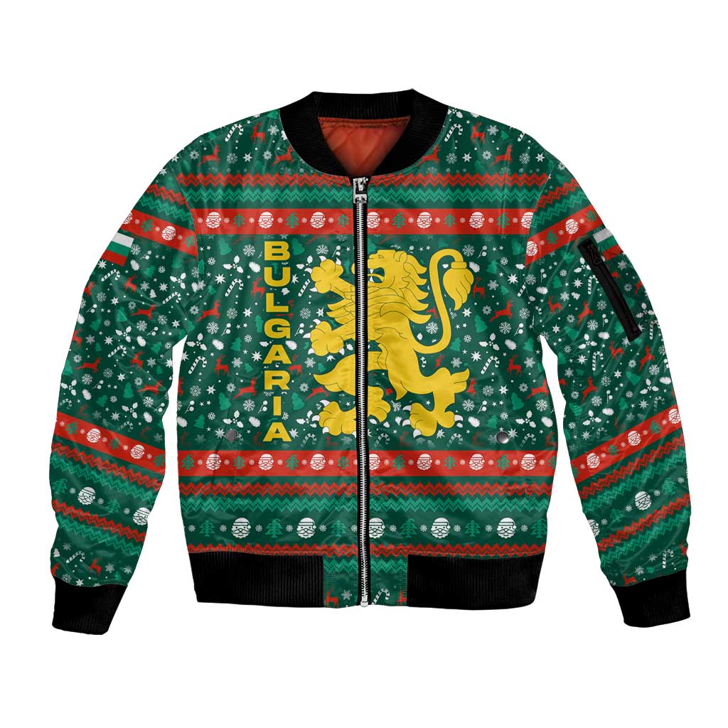 Bulgaria Christmas Sleeve Zip Bomber Jacket with Green-Red Theme, Golden Lion, and Santa Sleigh Motif - Wonder Print Shop