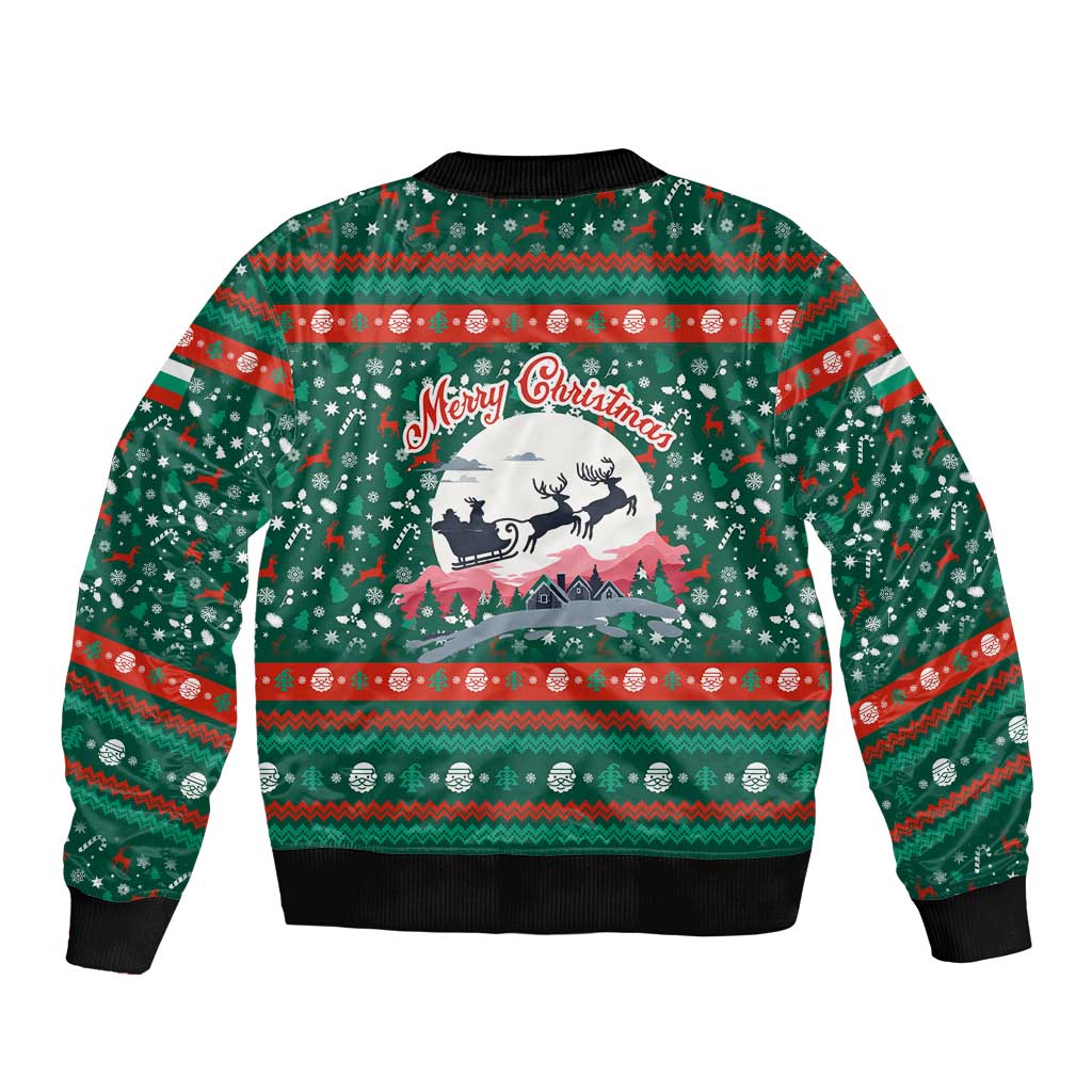 Bulgaria Christmas Sleeve Zip Bomber Jacket with Green-Red Theme, Golden Lion, and Santa Sleigh Motif - Wonder Print Shop