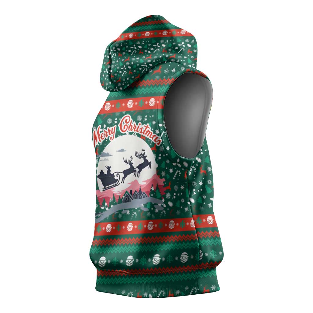 Bulgaria Christmas Sleeveless Hoodie with Green-Red Theme, Golden Lion, and Santa Sleigh Motif - Wonder Print Shop
