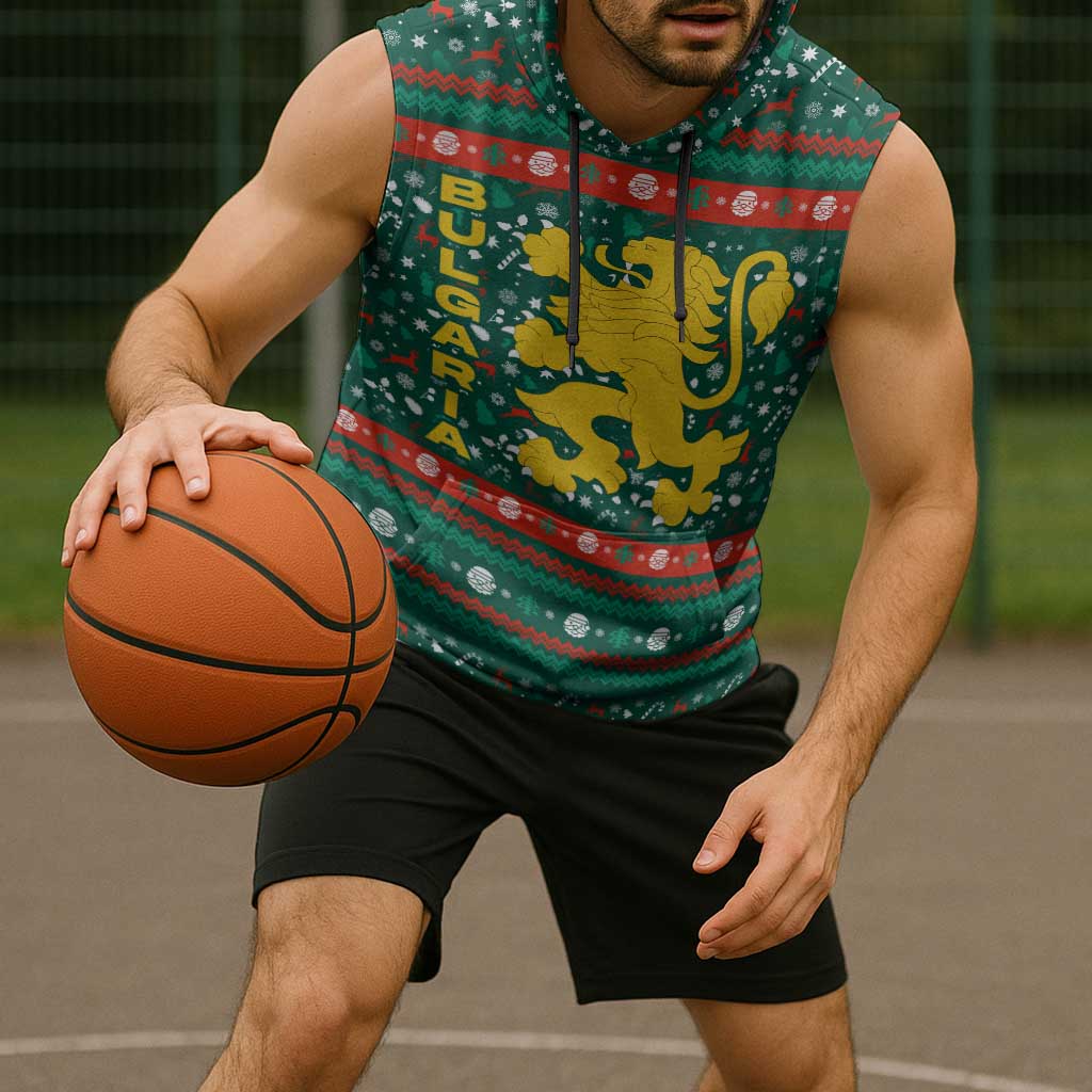 Bulgaria Christmas Sleeveless Hoodie with Green-Red Theme, Golden Lion, and Santa Sleigh Motif - Wonder Print Shop