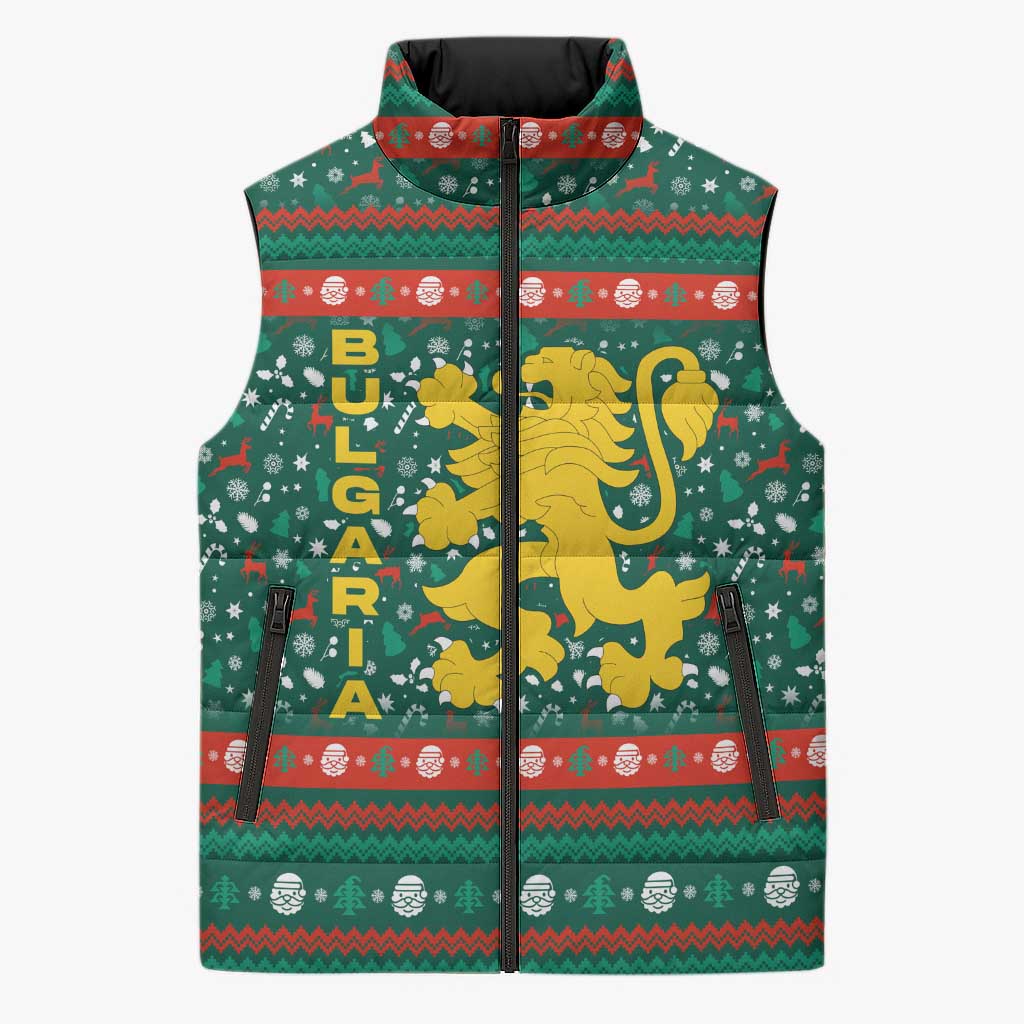 Bulgaria Christmas Sleeveless Puffer Jacket with Green-Red Theme, Golden Lion, and Santa Sleigh Motif - Wonder Print Shop