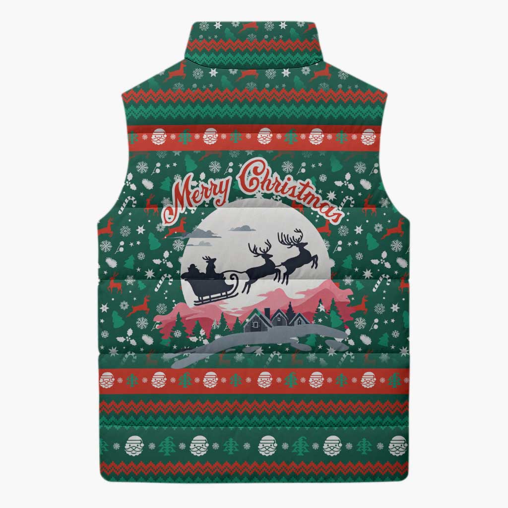 Bulgaria Christmas Sleeveless Puffer Jacket with Green-Red Theme, Golden Lion, and Santa Sleigh Motif - Wonder Print Shop