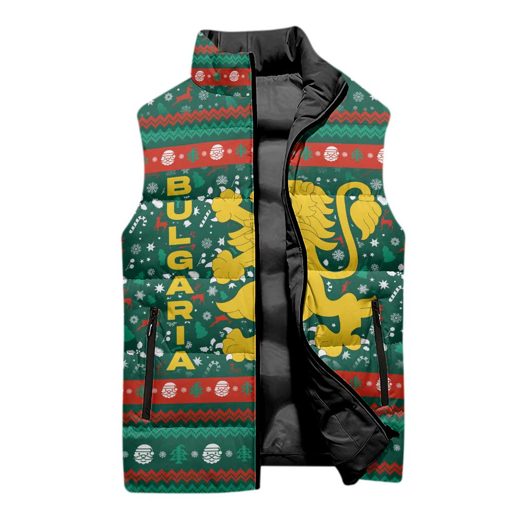 Bulgaria Christmas Sleeveless Puffer Jacket with Green-Red Theme, Golden Lion, and Santa Sleigh Motif - Wonder Print Shop
