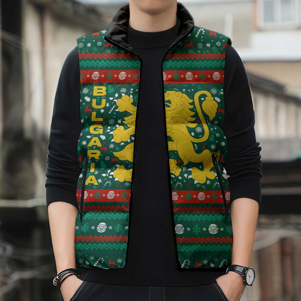 Bulgaria Christmas Sleeveless Puffer Jacket with Green-Red Theme, Golden Lion, and Santa Sleigh Motif - Wonder Print Shop