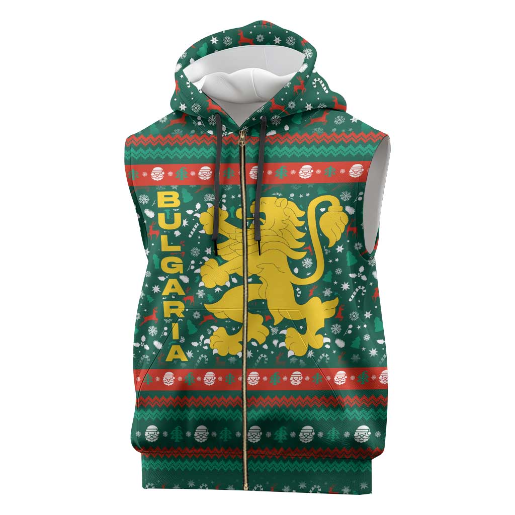 Bulgaria Christmas Sleeveless Zip Hoodie with Green-Red Theme, Golden Lion, and Santa Sleigh Motif - Wonder Print Shop