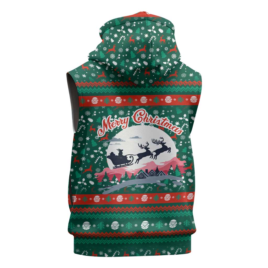 Bulgaria Christmas Sleeveless Zip Hoodie with Green-Red Theme, Golden Lion, and Santa Sleigh Motif - Wonder Print Shop