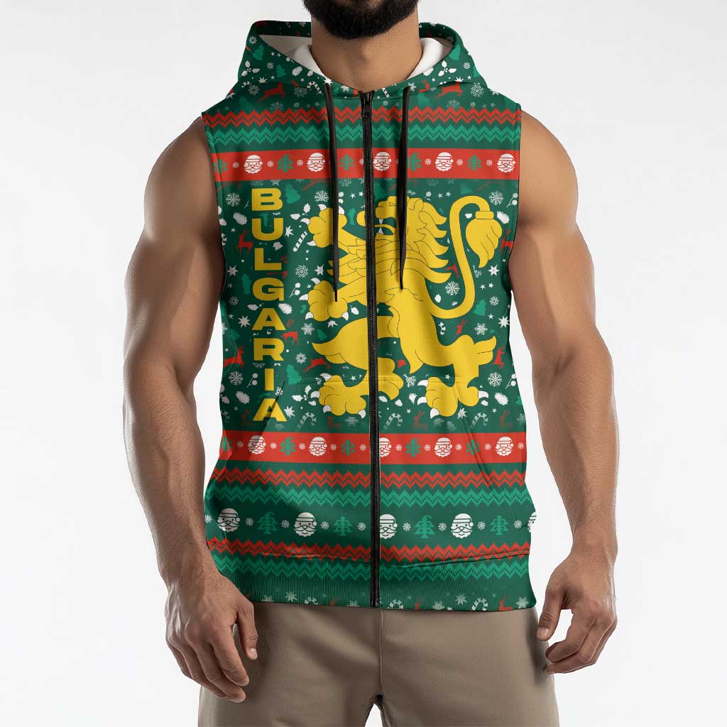 Bulgaria Christmas Sleeveless Zip Hoodie with Green-Red Theme, Golden Lion, and Santa Sleigh Motif - Wonder Print Shop