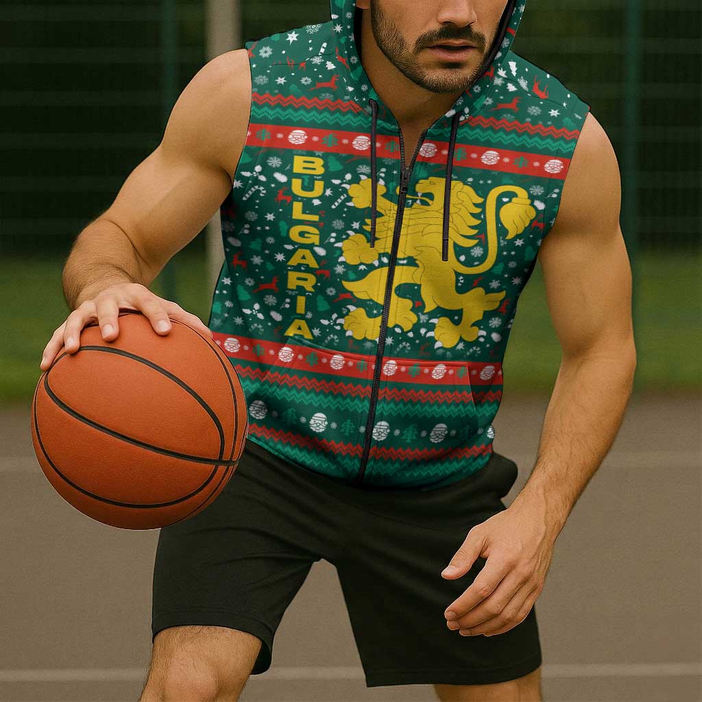 Bulgaria Christmas Sleeveless Zip Hoodie with Green-Red Theme, Golden Lion, and Santa Sleigh Motif - Wonder Print Shop