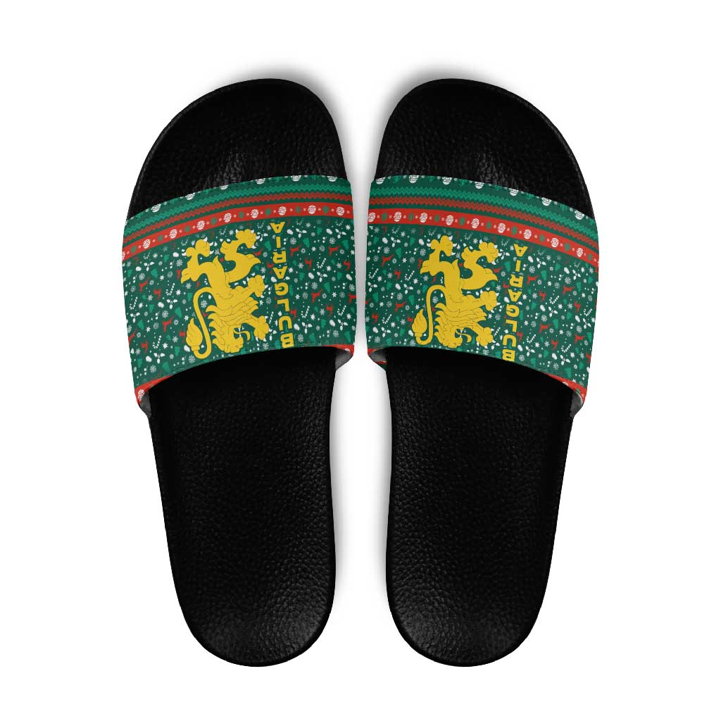 Bulgaria Christmas Slide Sandals with Green-Red Theme, Golden Lion, and Santa Sleigh Motif - Wonder Print Shop