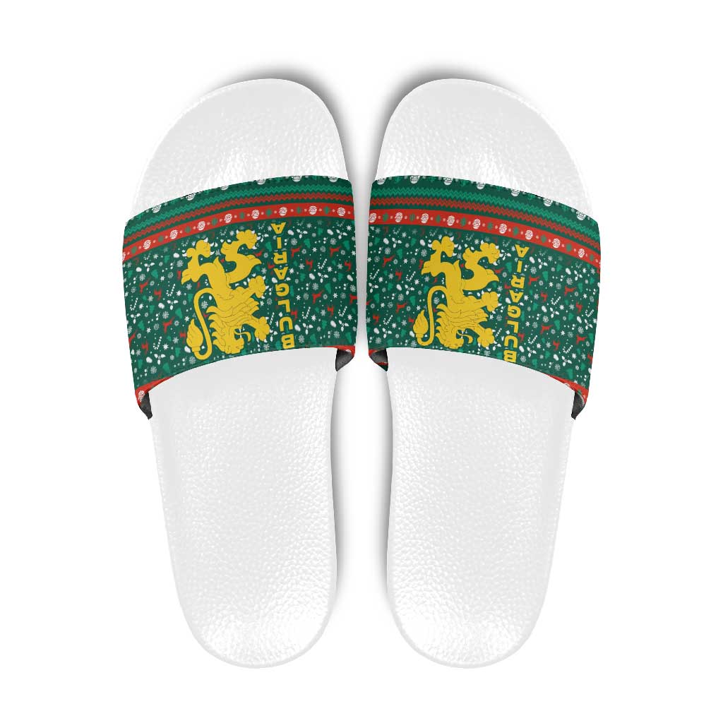 Bulgaria Christmas Slide Sandals with Green-Red Theme, Golden Lion, and Santa Sleigh Motif - Wonder Print Shop