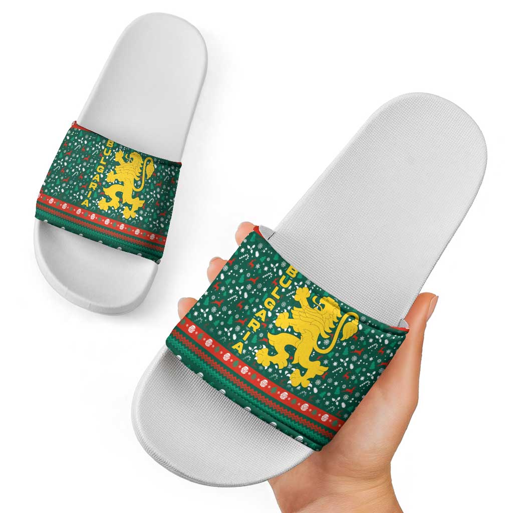 Bulgaria Christmas Slide Sandals with Green-Red Theme, Golden Lion, and Santa Sleigh Motif - Wonder Print Shop