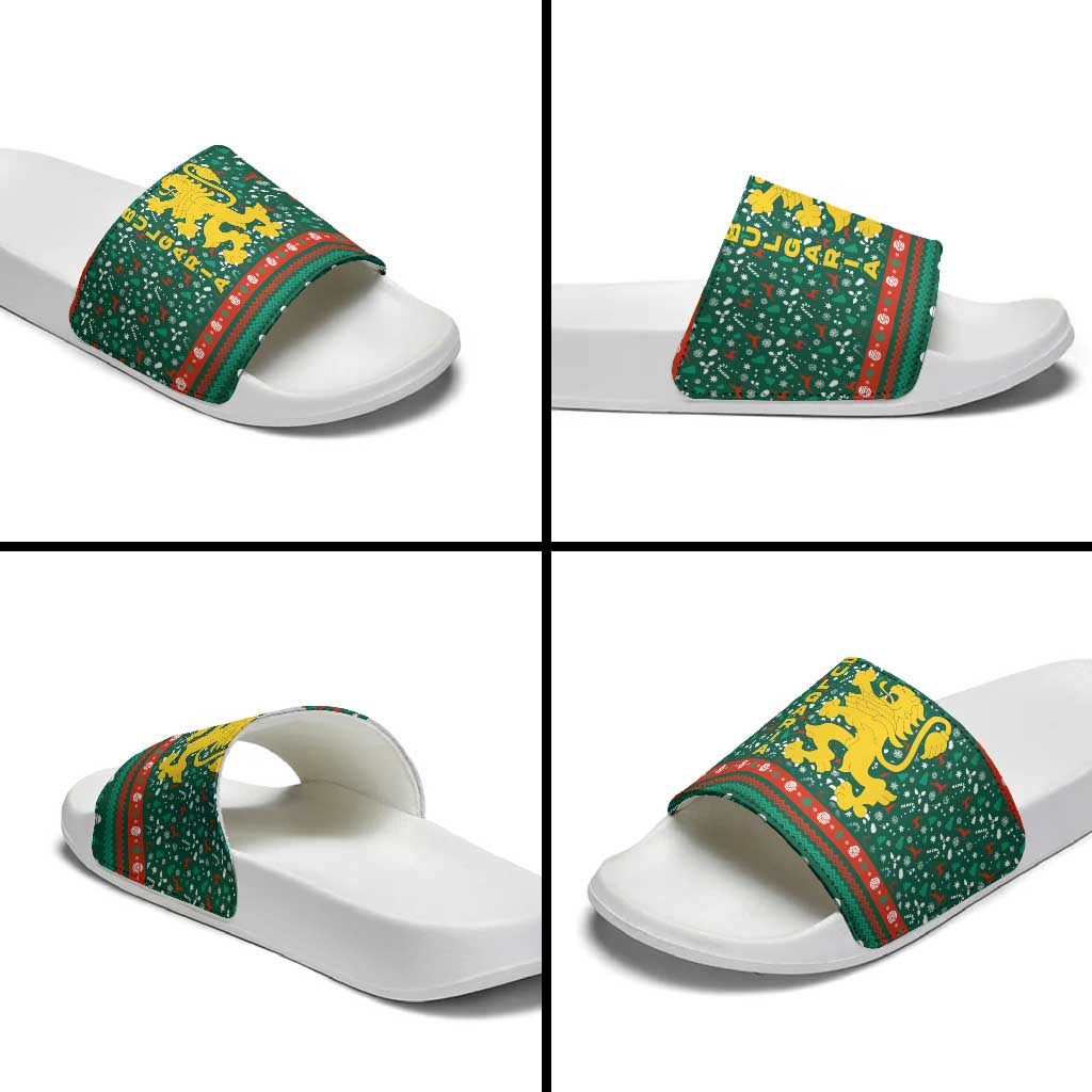 Bulgaria Christmas Slide Sandals with Green-Red Theme, Golden Lion, and Santa Sleigh Motif - Wonder Print Shop