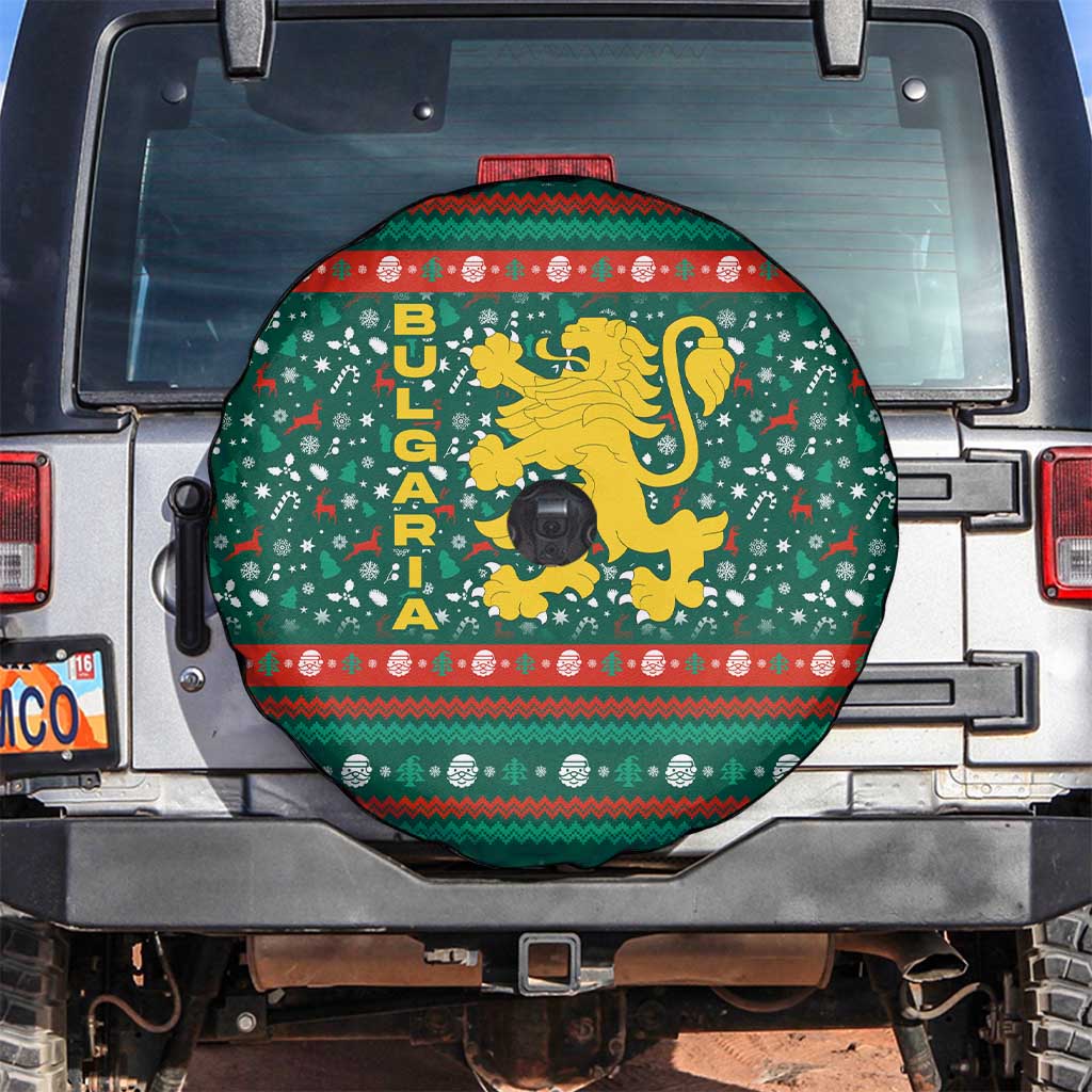 Bulgaria Christmas Spare Tire Cover with Green-Red Theme, Golden Lion, and Santa Sleigh Motif - Wonder Print Shop