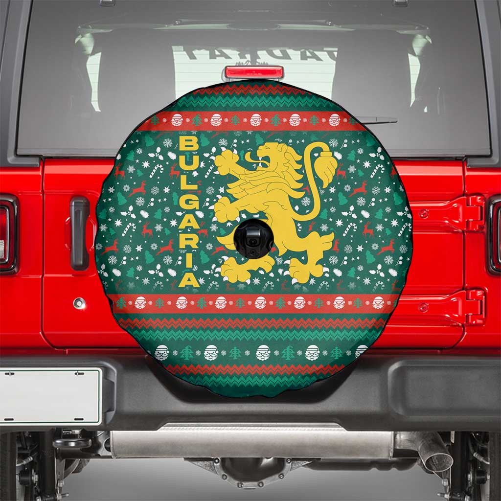 Bulgaria Christmas Spare Tire Cover with Green-Red Theme, Golden Lion, and Santa Sleigh Motif - Wonder Print Shop