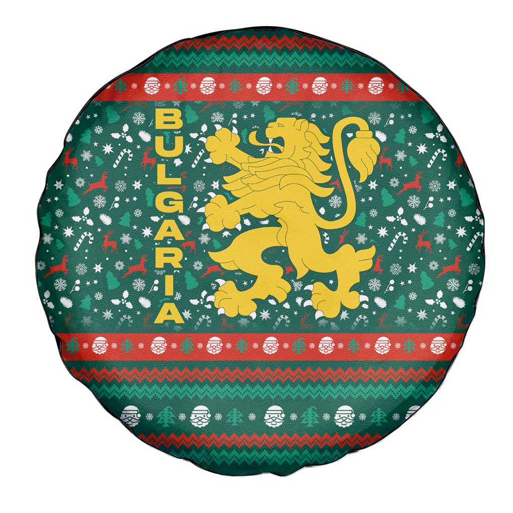 Bulgaria Christmas Spare Tire Cover with Green-Red Theme, Golden Lion, and Santa Sleigh Motif - Wonder Print Shop
