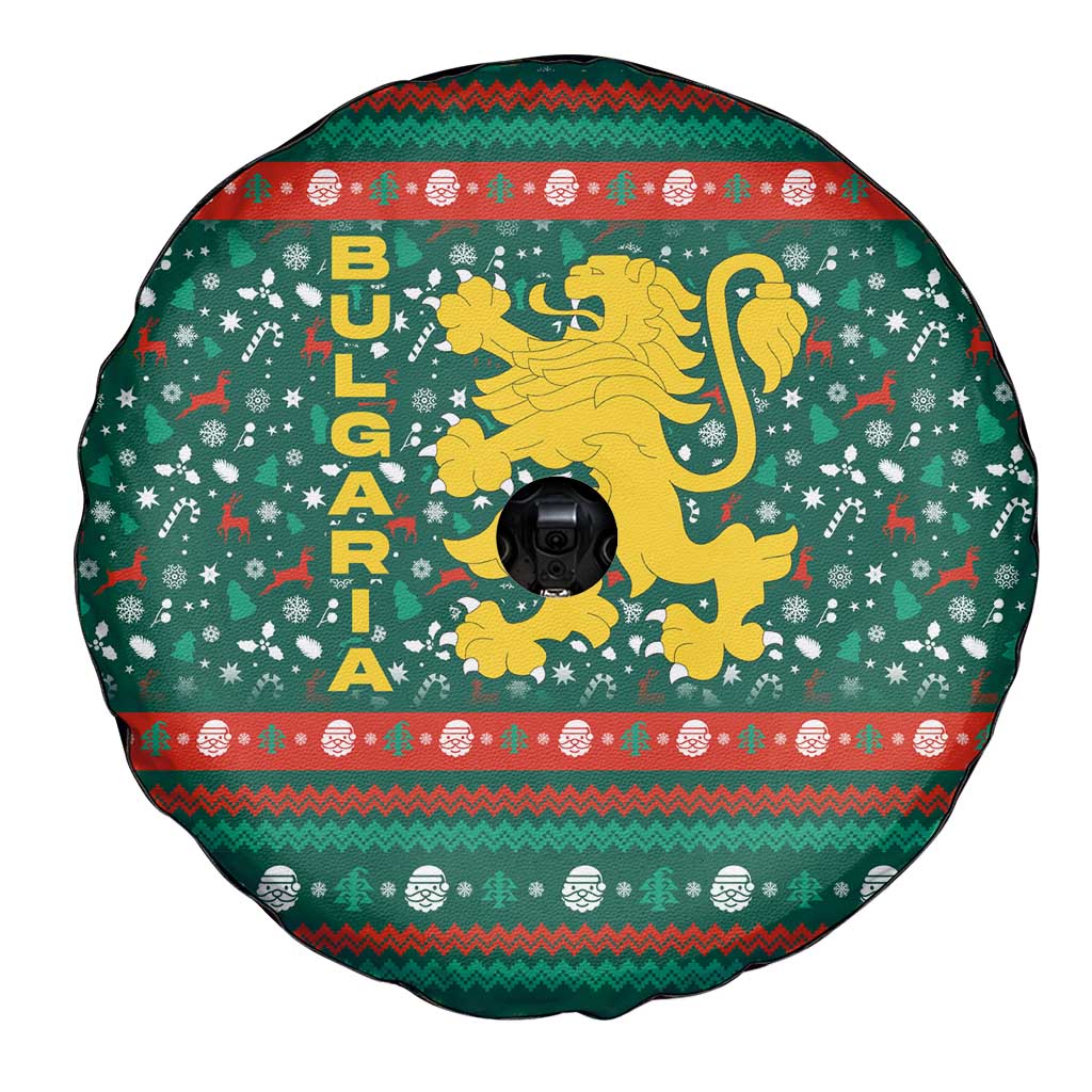 Bulgaria Christmas Spare Tire Cover with Green-Red Theme, Golden Lion, and Santa Sleigh Motif - Wonder Print Shop