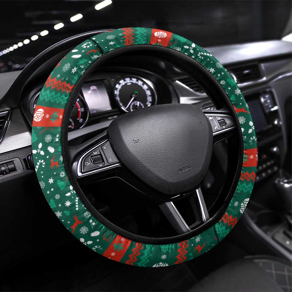 Bulgaria Christmas Steering Wheel Cover with Green-Red Theme, Golden Lion, and Santa Sleigh Motif - Wonder Print Shop